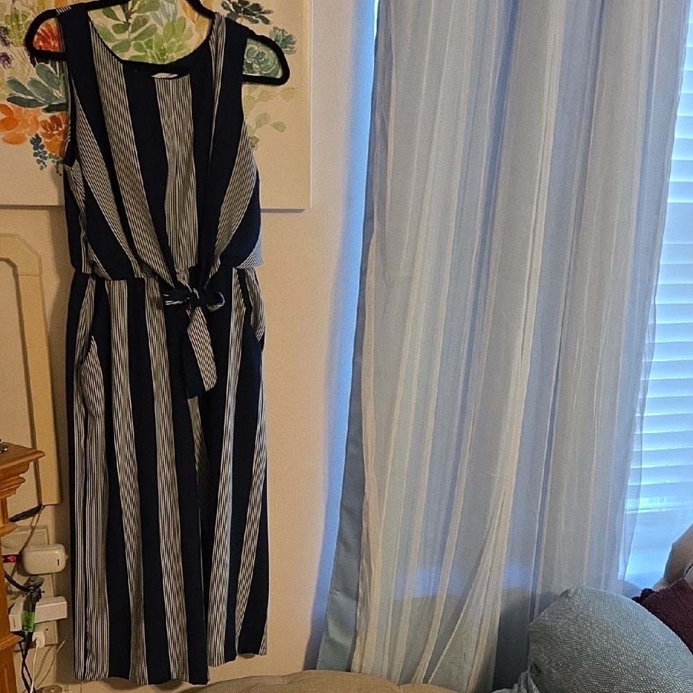 June & Hudson Navy and White Striped Midi Dress